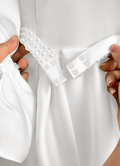 Azazie Gabriella Flower Girl Dresses White Ball-Gown with Sleeves Matte Satin Dress image7