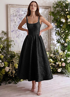 Sephone Black Square Neck Pearl Corset Midi Dress image4