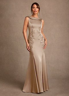 Azazie Franny Mother of the Bride Dresses Taupe Sheath Lace Stretch Satin Dress image1