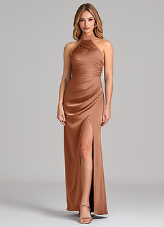 Azazie Karlotta 신부 들러리 드레스 쉬스 주름진 스트레치 새틴 바닥 길이 드레스 image1