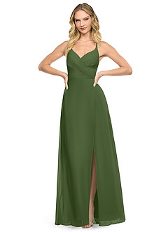 Azazie Davis Bridesmaid Dresses Olive A-Line V-Neck Chiffon Dress image2