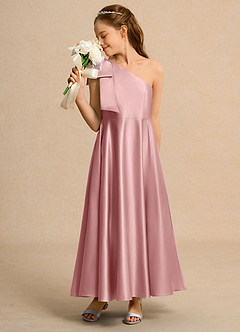 Azazie Guppy Girls Formal Flower Girl Dresses Dusty Rose A-Line One Shoulder Matte Satin Dress image4