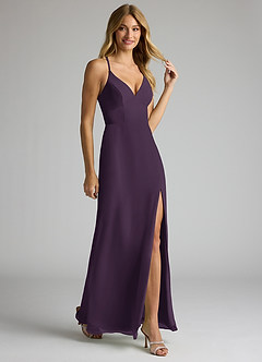 Azazie Becca Bridesmaid Dresses Plum Sheath V-Neck Chiffon Dress image2