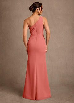 Azazie Floy Mother of the Bride Dresses Salmon Pink Sheath One Shoulder Chiffon Dress image3