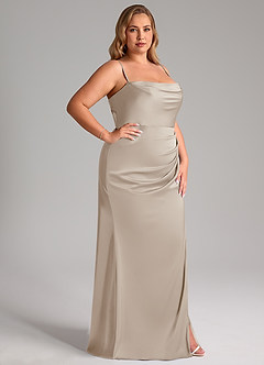 Azazie Leonis Robes de demoiselle d'honneur Robe Sirène Convertible en Satin extensible Plissée Givre image14