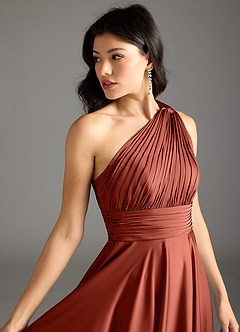 Azazie Charlize Robes de demoiselle d'honneur Robe Trapèze en Satin extensible Ue épaule Terracotta image15