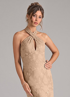 Azazie Marlissa Bridesmaid Dresses Champagne Sheath Pleated Floral Burnout Dress image4