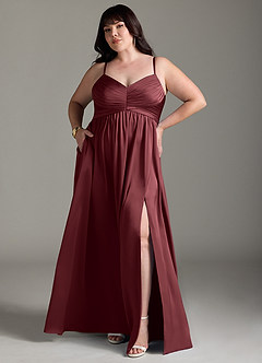 Azazie Alia Bridesmaid Dresses Merlot A-Line Pleated Stretch Satin Dress image8