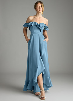 Azazie Lyra Bridesmaid Dresses Steel Blue A-Line Off the Shoulder Stretch Satin Convertible Dress image6