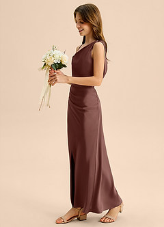 Azazie Madelyn Junior Osłona Zza ramienia Satyna elastyczna Długość podłogi Młodsza druhna Sukienka image3