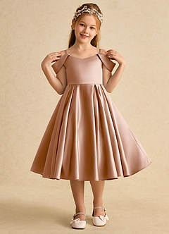 Azazie Favia Flower Girl Dresses Champagne Rose A-Line Off the Shoulder Matte Satin Dress image4