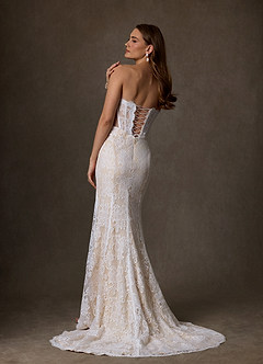 Azazie Issa Wedding Dresses Diamond White Champagne Sheath Strapless Lace Dress image8