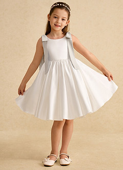 Azazie Stacie Flower Girl Dresses Ivory Frost A-Line Bow Matte Satin Dress image1