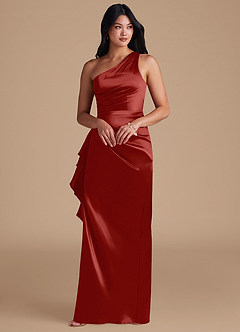 Azazie Latrice Bridesmaid Dresses Rust Sheath One Shoulder Metallic Satin Dress image6