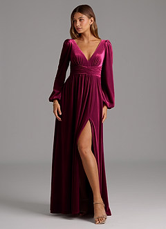 Azazie Norah Bridesmaid Dresses Cabernet A-Line Long Sleeve Velvet Dress image1