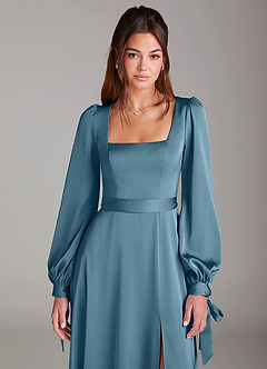 Azazie Leonia Bridesmaid Dresses Bermuda A-Line Long Sleeve Stretch Satin Dress image6
