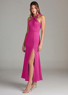 Azazie Rue Bridesmaid Dresses Fuchsia Mermaid Pleated Stretch Satin Dress image4