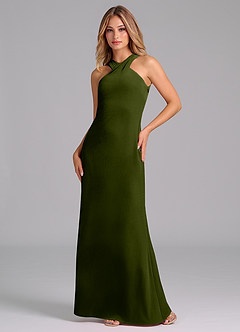 Azazie Doretta Bridesmaid Dresses Olive Mermaid Pleated Velvet Dress image1