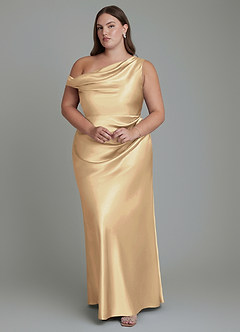 Azazie Emerson Bridesmaid Dresses Champagne Mermaid Off the Shoulder Metallic Satin Dress image1