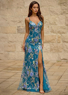 Azazie Peacock Blue Open Back Beading V Neck Formal Dress Azazie Peacock Blue Open Back Beading V Neck Formal Dress