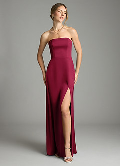 Azazie Wren Vestidos de damas de honor Vestido de Borgoña de Satén Elástico de Corte en A Convertible con Sin tirantes image2