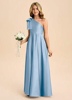 Azazie Penguin Junior Powder Blue A-Line Bow Stretch Satin Dress image5