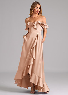 Azazie Lyra Robes de demoiselle d'honneur Robe Trapèze Convertible en Satin extensible Épaule décolletée Or Rose image3