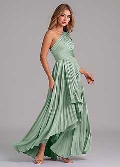 Azazie Lyrica Bridesmaid Dresses Agave A-Line One Shoulder Stretch Satin Dress image3