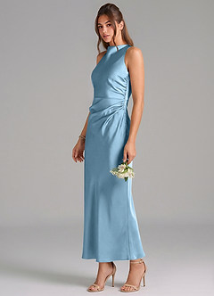 Azazie Evadne Vestidos de damas de honor Vestido de Azul Acero de Satén Elástico de Corte Recto con Plisado image1