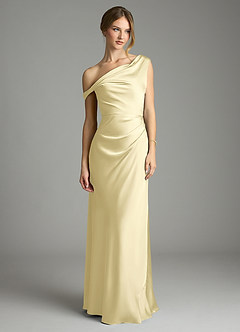 Azazie Emerson Bridesmaid Dresses Lemon Sorbet Mermaid Off the Shoulder Stretch Satin Dress image3