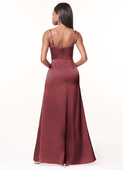 Azazie Maci Bridesmaid Dresses Merlot A-Line V-Neck Pleated Stretch Satin Dress image2
