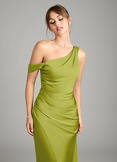 Azazie Madelyn Bridesmaid Dresses Lemongrass Mermaid One Shoulder Stretch Satin Convertible Dress image4