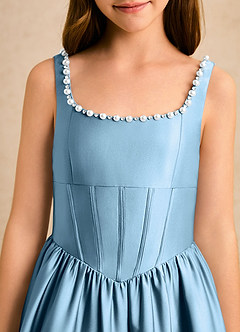 Azazie Enid Girls Formal Jurken voor bloemenmeisjes A-Lijn Jurk van Stretch Satijn Met kralen Staal Blauw image6