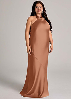 Azazie Velli Bridesmaid Dresses Bronzer Mermaid High Neck Stretch Satin Dress image9