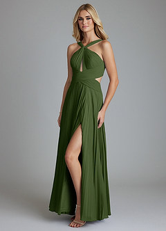 Azazie Hosanna Bridesmaid Dresses Olive A-Line Pleated Chiffon Dress image5