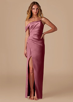 Azazie Lia Bridesmaid Dresses Desert Rose Sheath Off the Shoulder Metallic Satin Dress image1