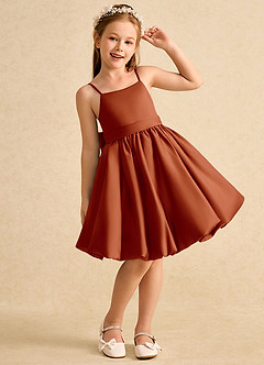 Azazie Davine Flower Girl Dresses Paprika A-Line Spaghetti Strap Matte Satin Dress image4