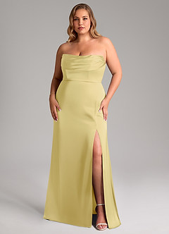 Azazie Saige Bridesmaid Dresses Lemon Sorbet Sheath Off the Shoulder Stretch Satin Dress image16