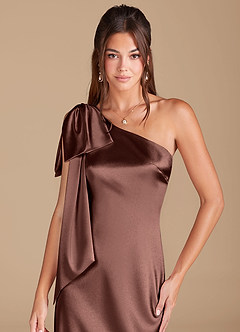 Azazie Capri Bridesmaid Dresses Espresso Sheath One Shoulder Metallic Satin Dress image5