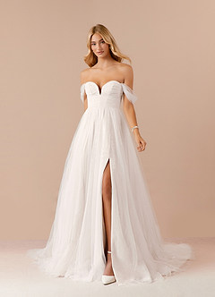 Azazie Maia Diamond White A-Line Off the Shoulder Tulle Dress