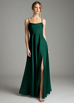 Azazie Elle Bridesmaid Dresses Emerald A-Line Pleated Stretch Satin Dress image1