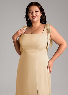 Azazie Frostine Bridesmaid Dresses Gold A-Line Bow Stretch Satin Dress image4