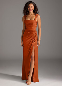 Azazie Jesaphine Robes de demoiselle d'honneur Robe Fourreau en Satin extensible Arc Orange Brûlée image1