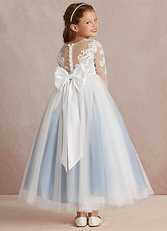 Azazie Elodie Flower Girl Dresses Ivory Dusty Blue Ball-Gown Lace Dress image4