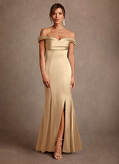 Azazie Boone Final Sale Champagne Mermaid Off the Shoulder Stretch Satin Dress image2