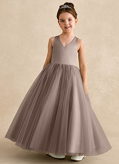 Azazie Peanut Robe Demoiselle D'honneur Fillette Robe Trapèze en Tulle Bretelle Taupe image4