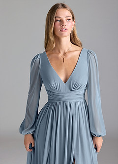 Azazie Norah Jurken voor bruidsmeisjes Jurk van Mesh met A-Lijn Stoffig Blauw image7