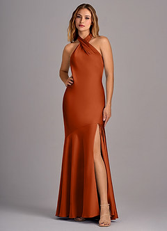 Azazie Lorena Bridesmaid Dresses Burnt Orange Mermaid Pleated Stretch Satin Dress image1