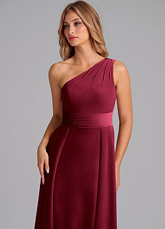 Azazie Dallas Vestidos de damas de honor Vestido de Borgoña de terciopelo de Corte en A con Hombro unilateral image6