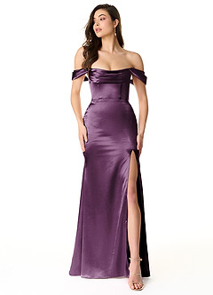 Azazie Liv Vestidos de damas de honor Vestido de Ciruela de Satén Metálico de Corte Recto Convertible con Vestidos sin tirantes image1